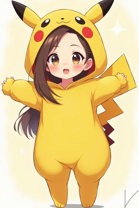 Cute girl, cartoon, wearing Pikachu costume, hair down, peeking down, front