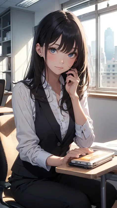 masterpiece, best quality, highly detailed, 1girl, OL, sitting at desk, holding compact mirror, intently looking at compact, admiring herself, narcissistic expression, self-assured expression, confident smile, “I’m right, I’m beautiful” expression, oblivio...