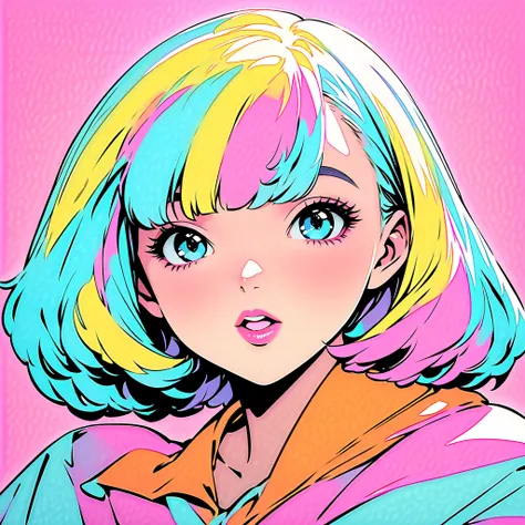 ( top quality:1.2,  city pop style,  very detailed, Latest,  vibrant,  High Contrast, masterpiece:1.2,  top quality,  best aesthetics),  girl, ((Upshot of a face that seduces:1.4)),  colorful hair,  bob cut,  pastel colors,  1980s Style , ((Retro,  vintage...