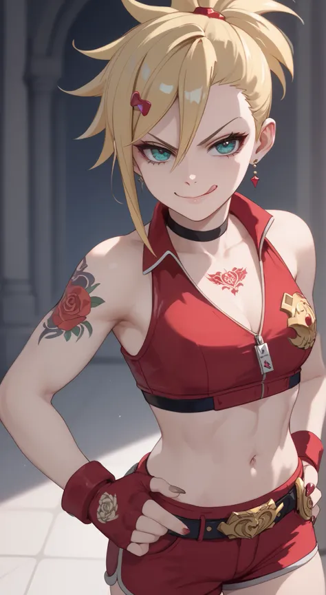 young girl, longue blonde hair, Hairpin with a bundle, turquoise eyes, Yakuza tattoos, red tight uniform, Sleeveless, Wide neckline on the chest to the abdomen, Gold Elements, Red gold armor, Shorts, claws, smirk, Masterpiece, hiquality, 4k, HD, Good detai...
