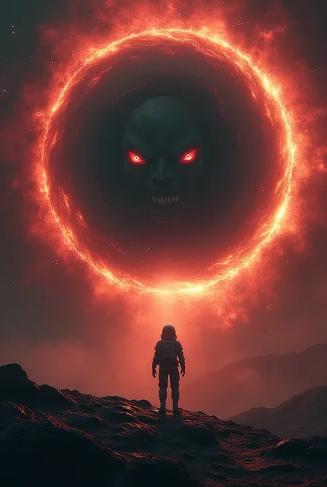 A dark and terrifying scene centered on a massive black hole, its event horizon glowing with swirling shades of crimson and pitch black, surrounded by chaotic streams of molten energy and shattered starlight. Deep within the core of the black hole, a haunt...