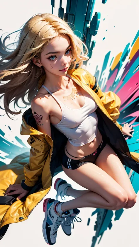 (best quality, masterpiece, colorful, highest detailed:1.3) adorable face, golden hair, breasts, body tattoo, full body photo, fashion photography, in tanktop and jacket, sneakers, (detailed skin texture), (light smile:0.3), radiant skin, (intricate detail...