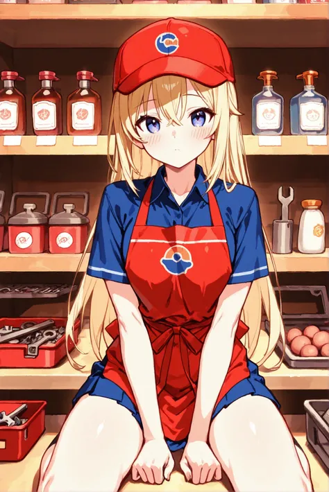 masterpiece, top quality, super detailed, 8K Portrait ,unity 8k,Blondeロングヘアー, 1 girl,Red Cap、 red baseball cap、Cute, red apron、Sexy expression、Blonde、cute,Store clerk,Tools section , hardware section ,,  Anime Visual  , Blondeロングヘアー,  ultra-fine illustrati...