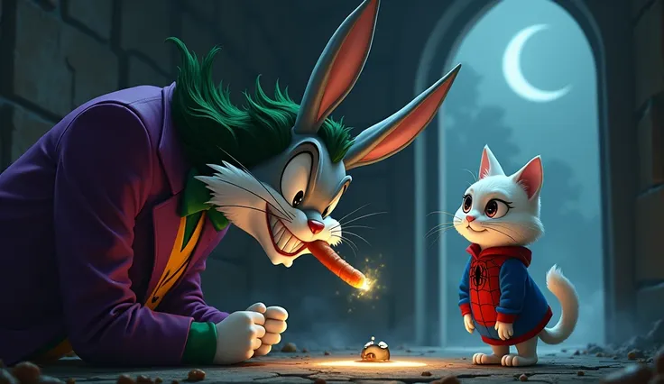 

"Bugs Bunny, with a curious yet hesitant expression, bites into the glowing carrot handed by the creepy joker. The carrot emits an eerie light as he chews, and the joker watches with a sinister grin, standing partially in the shadows. The white cat in th...