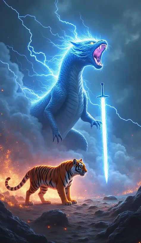 create 32k ultra-realistic image of a scene with a tiger, a howling lightning dragon, and the Master Sword as distinct entities. The tiger crouches with feline ferocity, its glowing striped fur reflecting the storm’s chaotic energy. Nearby, the howling lig...