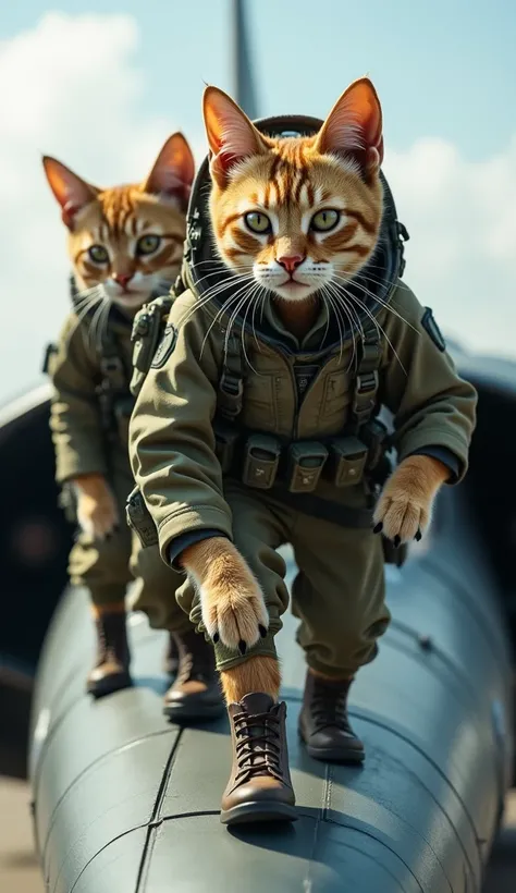 Realistic cats are wearing combat uniforms、Riding on a fighter plane、 walking on two legs、