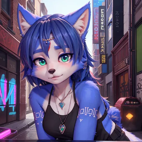 ((krystal)), Star Fox-Krystal, lovable, green eyes, ((( Long blue hair 1 .3))), Decollete, anthro, Fuzzy,  detailed Fluffys fell,  detailed face , (Fluffy),  1 girl, ,woman, Goth, green eyes, undercut, ultra-realistic 8k cg ,  masterpiece, (( ultra-detaile...