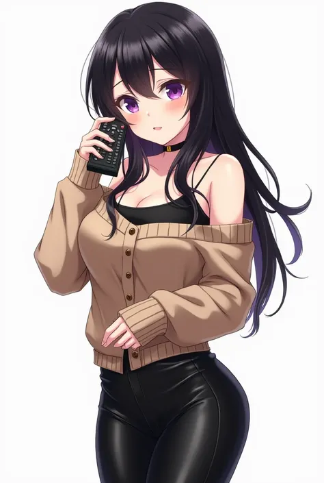 Anime teen woman with full bodies standing in front of her has long black hair, with big and expressive eyes in purple or similar She wears a beige knitted sweater that leaves one shoulder uncovered and has a black leather t-shirt with bare shoulders and s...