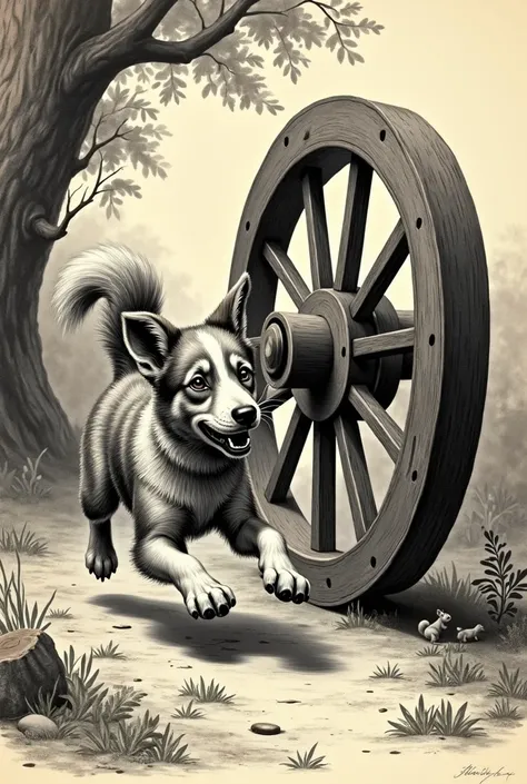 a dog runs in a squirrel wheel in the style of an old engraving