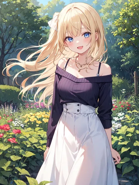  1 girl, solo, Blonde,  long hair, Straight Hair, Beautiful breasts, medium chest , Off Shoulder ,Purple Sweater,White Skirt, Long Skirt, high waist skirt,necklace,pumps, blue eyes, Droopy eyes,  open their mouths slightly,smile,happiness/joy,  Standing , ...