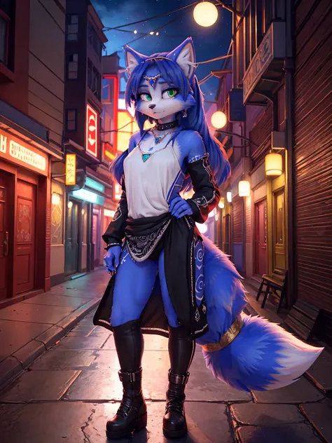 ((krystal)), Star Fox-Krystal, lovable, green eyes, ((( Long blue hair 1 .3))), Decollete, anthro, Fuzzy,  detailed Fluffys fell,  detailed face , (Fluffy),  1 girl, ,woman, Goth, green eyes, undercut, ultra-realistic 8k cg ,  masterpiece, (( ultra-detaile...