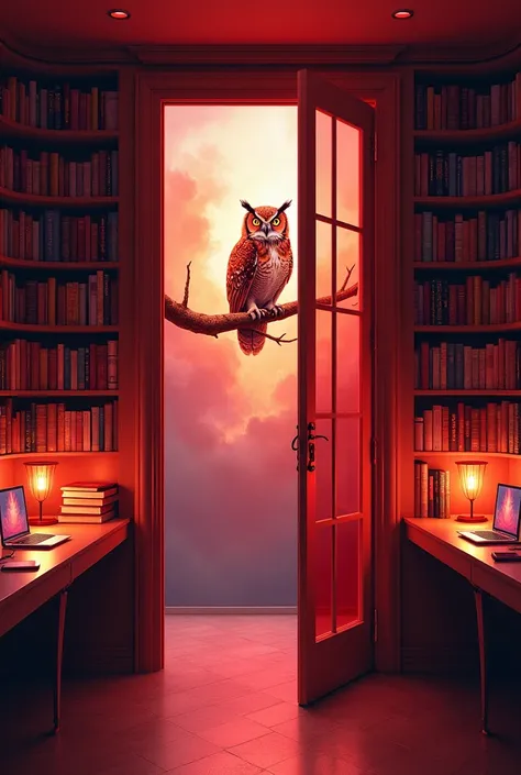 Create an ultra detailed front view image in roberto_ferri+artstation la entrada con puertas de vidrio translusido de color rojo claro degradado a una library;  desks, shelves with color and size bocks, desk lamps, red light laptop computeres,  the modern ...