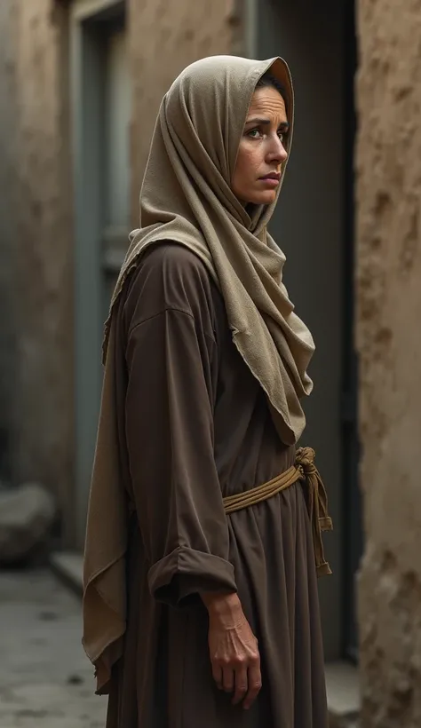 Arab woman, 35 years old, thin, poor, wearing a light brown hijab, wearing a simple dark brown robe, full body side view