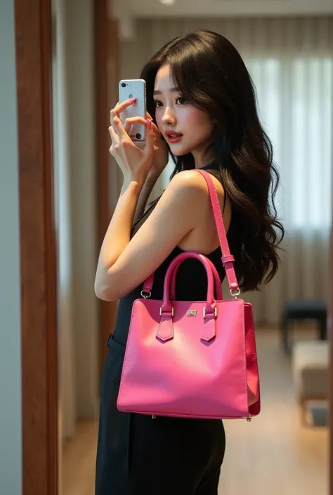 A korean woman taking a selfie in a mirror , carry a lady pink bag,