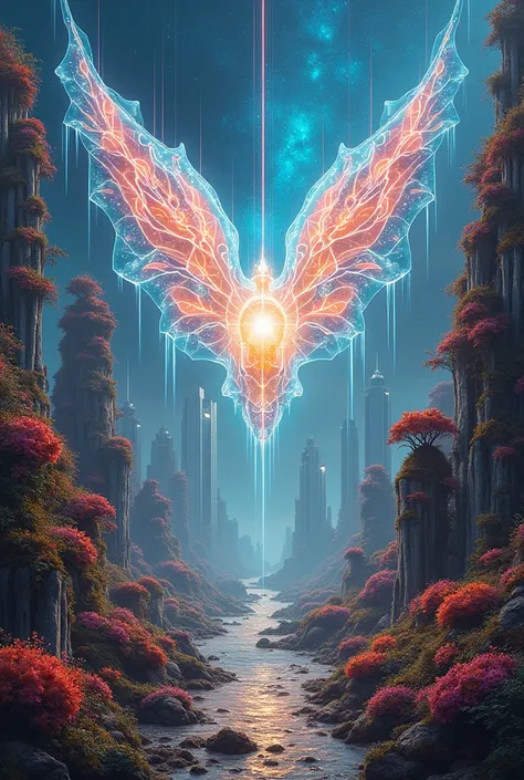 Title: "The Nexus of Realms"

Imagine a groundbreaking, hybrid masterpiece that fuses the beauty of organic life with futuristic, abstract forms in an unimaginable fusion of reality and fantasy. At its core is a surreal, ever-shifting scene that blurs the ...