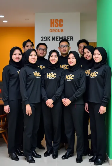 ceo groub .  Indonesian 7 Woman and 5 Man wearing long sleeves there is a name on the shirt HSC.  They huddled together in the room color . color on the wall is the name  " HSC groub 29k member " .