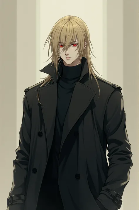 Store manager ,  black trench coat , tall,  wolf cut blonde , Red eyes, white skin, man,
 anime painting, length covering the back of the head, neck, side hair only up to the ears,  neutral appearance 