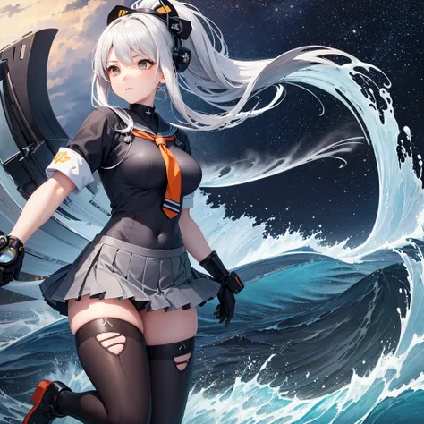 hyper detailed, perfect anatomy, best quality, extremely delicate, extremely detailed, cool,1 girl, Yubari (Kancolle), full body, silver hair, dark eyes, ponytail, green skirt, pleats skirt, gray serafuku, short serafuku, orange tie, navel baring, black st...