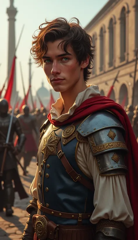 A young man standing next to a sword fight.  He has fair skin and blue eyes . His hair is short and brown .  He is Italian and has a very friendly appearance.  He is said to be very pretty and attractive  