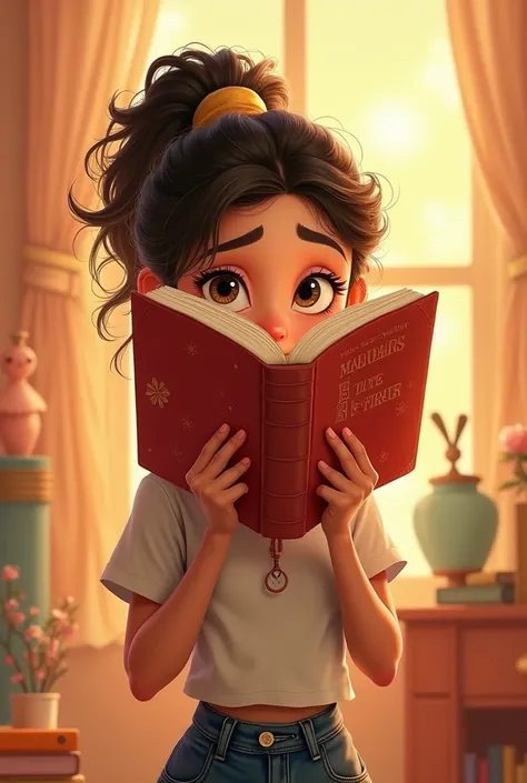 Pixar drawing of a woman covering her face with a book