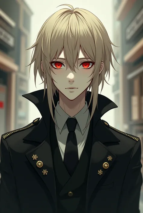 Store manager ,  black trench coat , tall,  wolf cut blonde , Red eyes, white skin, man,
 anime painting, length covering the back of the head, neck, side hair only up to the ears,  neutral appearance 