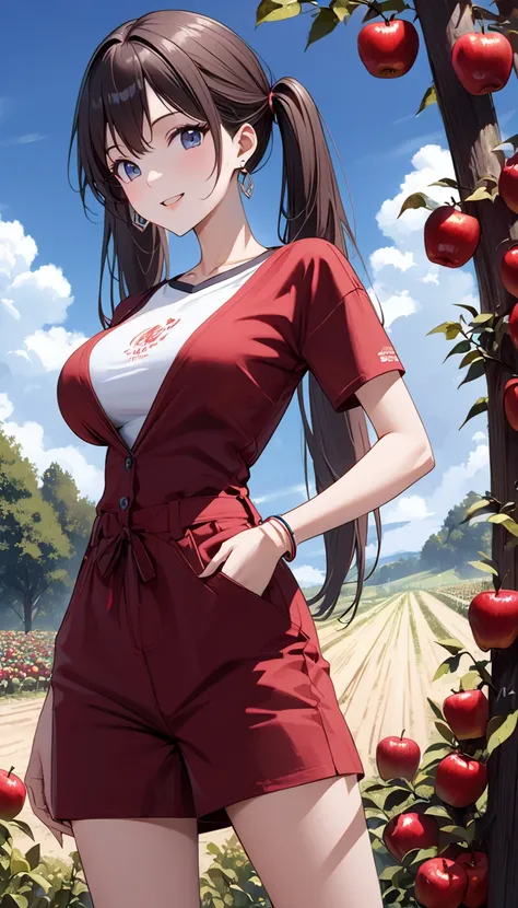   top quality、 Ultra-high precision 、Detailed view、  vibrant colors、Alone、 beautiful girl 、Age 30、apple farm 、Apple Tree、Red apples、soil、 blue sky、cloud、  red bikini 、 hot pants、 V Neck Tee、、Beautiful big boobs 、smile、Beautiful figure、  black twin tails、  ...