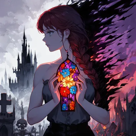 stoic girl, black aura, holding piece of stained glass, swept bangs, dark red hair, low twin tails, gray eyes, small breasts, slightly toned arms, thin, strapless gray shirt with white trim, black jeans, black boots, from side, hair covering eyes, white ha...