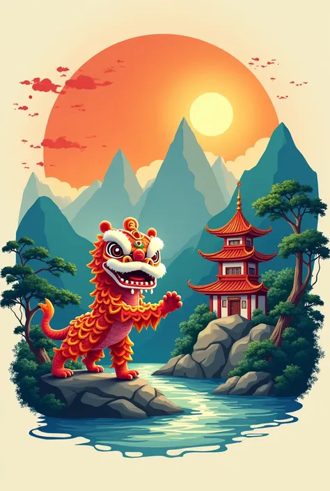 Help me make a logo about lion dance culture ， The logo includes a lion dance, a Heshan lion, and five mountains， There is a sun shining on the earth on the five mountains，There is a river at the foot of the mountain， There is a temple in the mountains . 神...