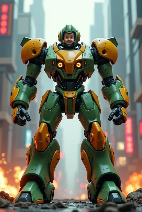 photorealistic, profesional photography, high detailed, sci-fi,mecha piloted by an adorable baby with a sleek sci-fi aesthetic. The mecha has smooth contours and a vibrant green, orange, and yellow color scheme. The baby, with a joyful expression, sits in ...