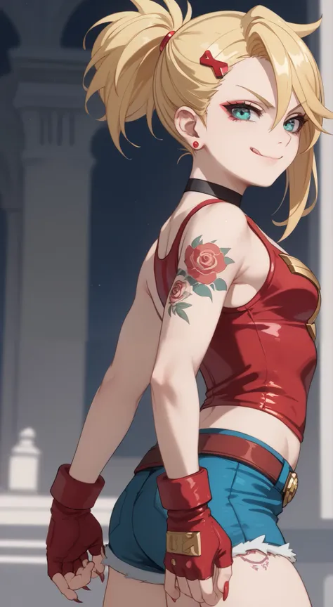 young girl, longue blonde hair, Hairpin with a bundle, turquoise eyes, Yakuza tattoos, red tight uniform, Sleeveless, Wide neckline on the chest to the abdomen, Gold Elements, Red gold armor, Shorts, claws, smirk, Masterpiece, hiquality, 4k, HD, Good detai...