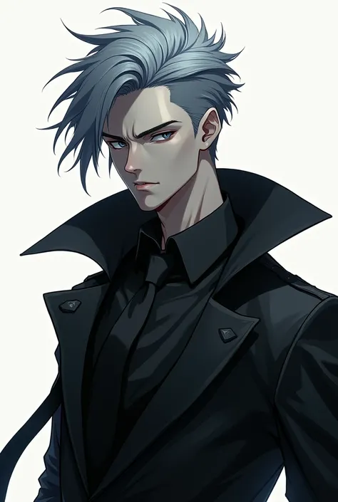 Store manager ,  black trench coat , tall, Wolfcut gray hair,  dark eyed, white skin, man,  anime painting, length covering the back of the head, neck, side hair only up to the ears,  neutral appearance 