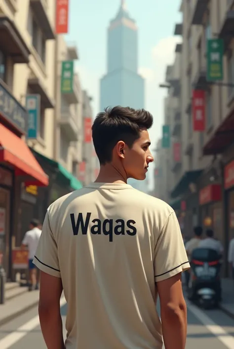 Make a pic
An young man standing in street wearing a shirt. Name waqas is written on the shirt on back side