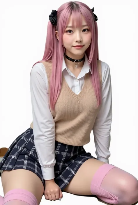 1 girl, gal, blush, makeup, portrait photo, sitting, holding mug, mug
(gold, pink hair, two-tone), black ribbon, hair between eyebrows, very long hair,Uniform, Thigh straps, Sweater vest, Plaid skirt, Knee high socks, Pleated skirt, Skirt, Pink nail polish...