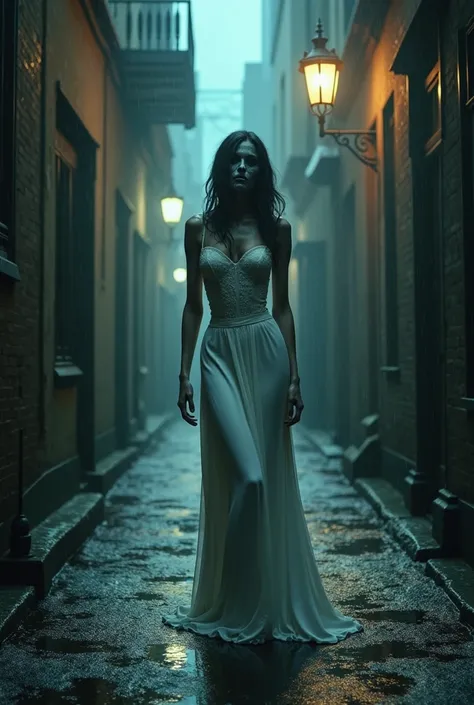   sexy zombie woman in white dress standing  . atmosphere in narrow alley hallway lots of puddles .street lights and rain  . night atmosphere 