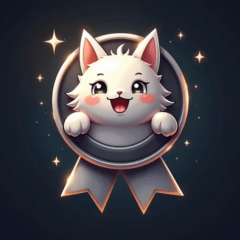 award badge, silver color, happy cat paw, [glow:shine:0.4], playful and fun design, high quality, sparkles