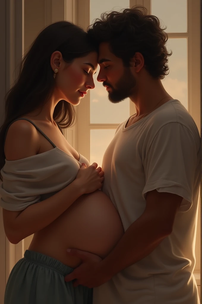 A pregnant woman and a man kissing her belly