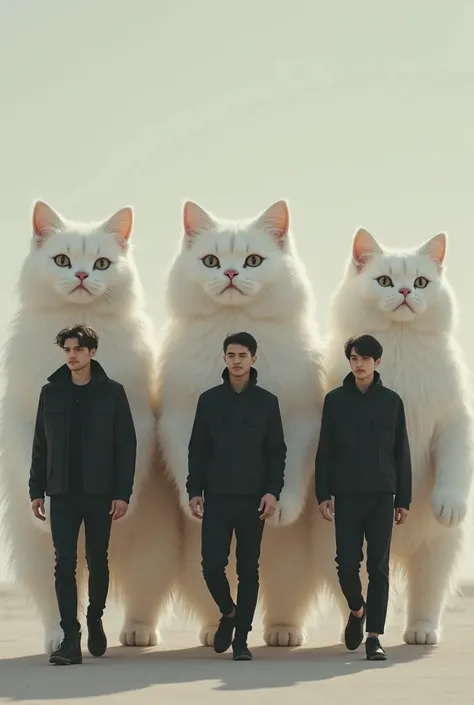 Men dressed in black casual walk with giant angora cats walking together