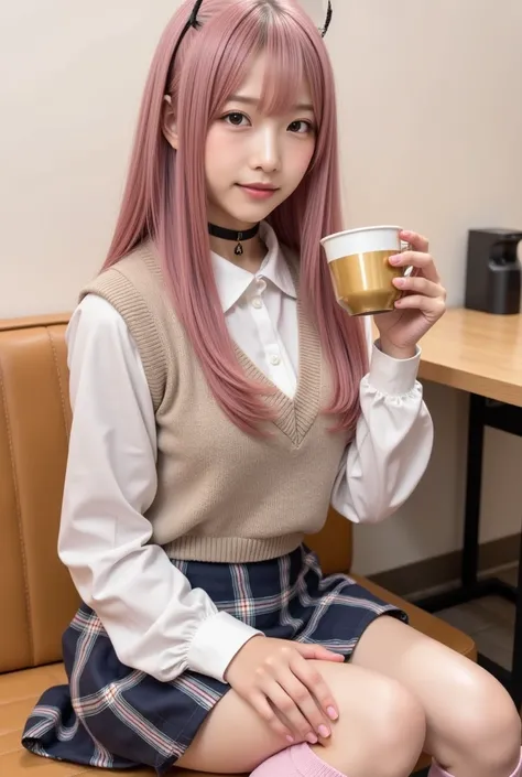 1 girl, gal, blush, makeup, portrait photo, sitting, holding mug, mug
(gold, pink hair, two-tone), black ribbon, hair between eyebrows, very long hair,Uniform, Thigh straps, Sweater vest, Plaid skirt, Knee high socks, Pleated skirt, Skirt, Pink nail polish...