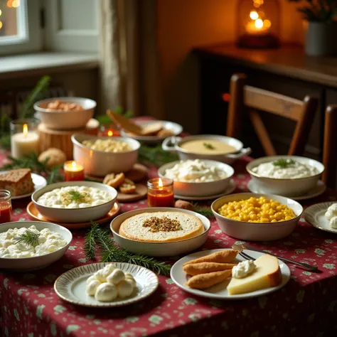 Photo of a festive table beautifully set with various dishes. There are many pots of cheese, including mozzarella and ricotta. The background is a cozy room with a few decorations.