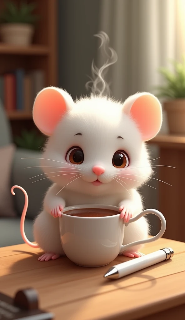 Make a cute and furry little white mouse sipping hot chocolate with a white pen in your warm and comfortable house 