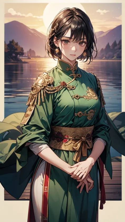 top quality, RPG Characters, Warrior,  Chinese style female character ,  looking at camera, Classy look , Calm Eyes ,  Details,  black hair,  short hair,  1 girl, Intelligent and powerful ,  clothes based on white and green ,  clothes with gold decorations...