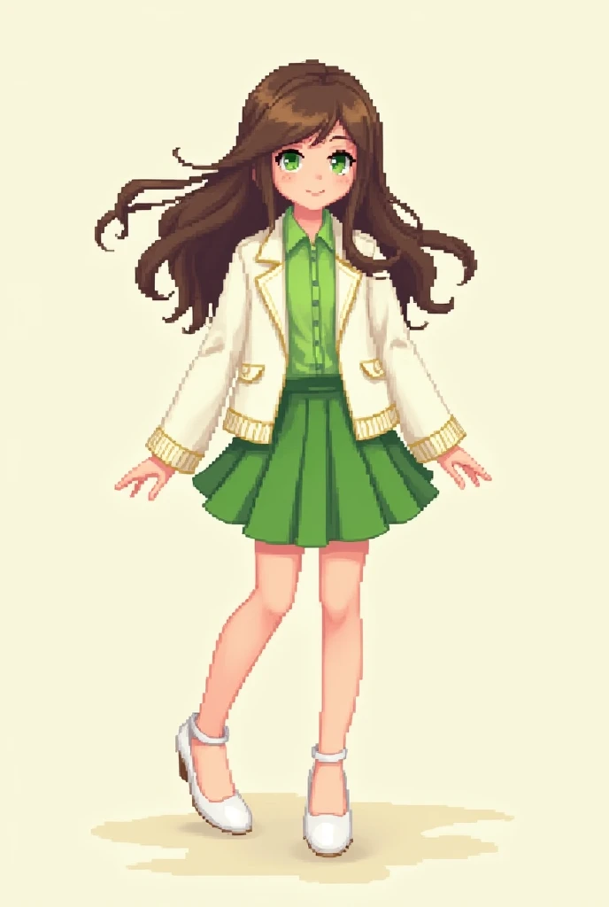 make a pixel art of girl brown hair with green eyes green shirt and white jacket with matcha color skirt and white heels