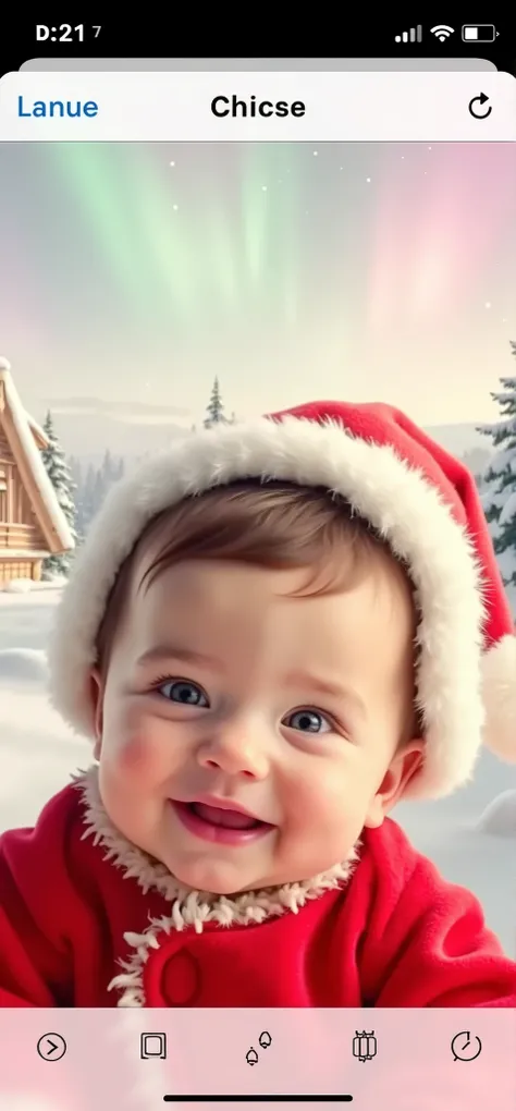 Create an adorable, heartwarming scene featuring a baby dressed as Santa Claus. The baby has rosy cheeks, a wide, cheerful smile, and is wearing a classic red Santa suit with white fur trim, complete with a fluffy Santa hat and tiny black boots. The settin...