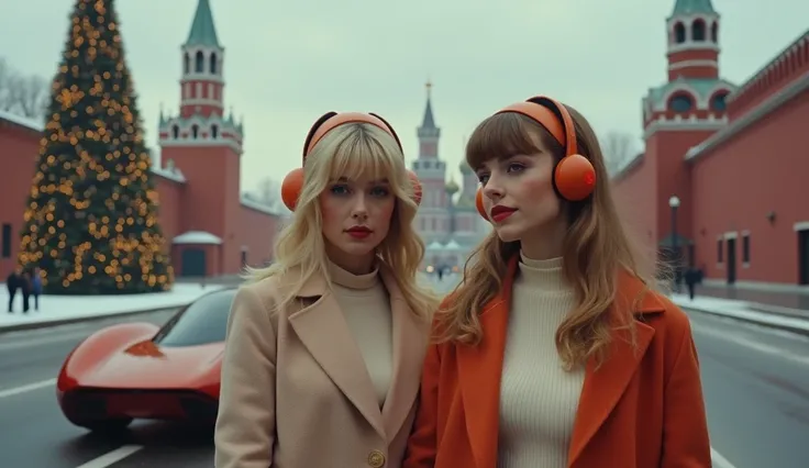 2 Retro girls ,  with retro hairstyles in earflaps,  in a short short coat with a big neckline with big breasts. In the background is a retro Kremlin ,  decorated Christmas tree ,  on the street is a retro futuristic car