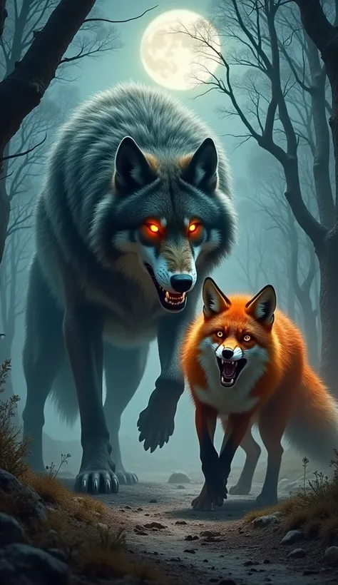 A colossal and terrifying wolf and an equally gigantic, ferocious fox locked in a fierce battle in the heart of a dark, ancient forest. The wolf, with its sharp fangs bared and glowing amber eyes, lunges forward, its massive claws tearing through the dirt....