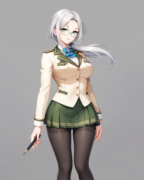  Masterpiece, 1 Guild Receptionist ,　pen:1.5 ,(( Adventurers Guild Receptionists Uniform :1.4)),(( Tight Skirt with Slits :1.4)), Long Sleeve ,Silver glasses,(( Black Knee High Tights:1.2)),Height: 165cm, beautiful body line ,Big Breasts, black hair,((A wo...