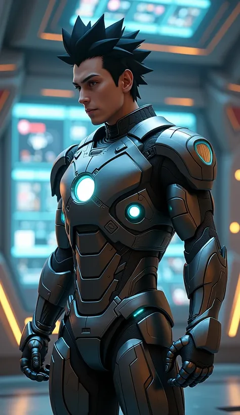 Imagine a realistic fusion character combining Shikamaru Nara from Naruto and Iron Man from The Avengers, standing in a high-tech control room filled with glowing holographic screens and futuristic machinery. The character has Shikamaru’s sharp, thoughtful...