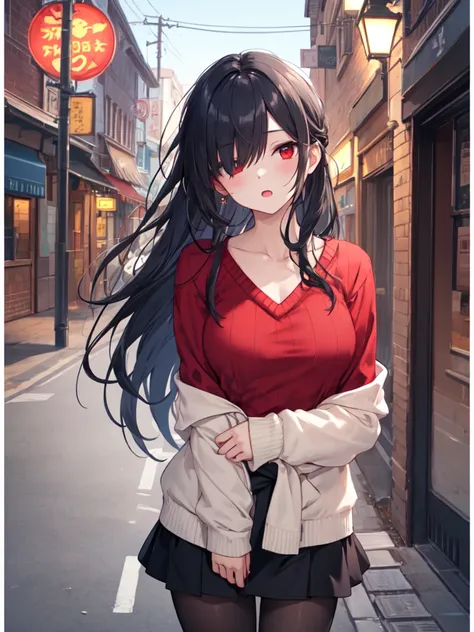  1 girl, solo,  black hair,  long hair,  hair to hide one eye, Straight Hair, Beautiful breasts, medium chest , v-neck sweater,Red sweater, black miniskirt,tights, red eyes, Slanted Eyes,His right eye is hidden by his hair,  open their mouths slightly,slou...