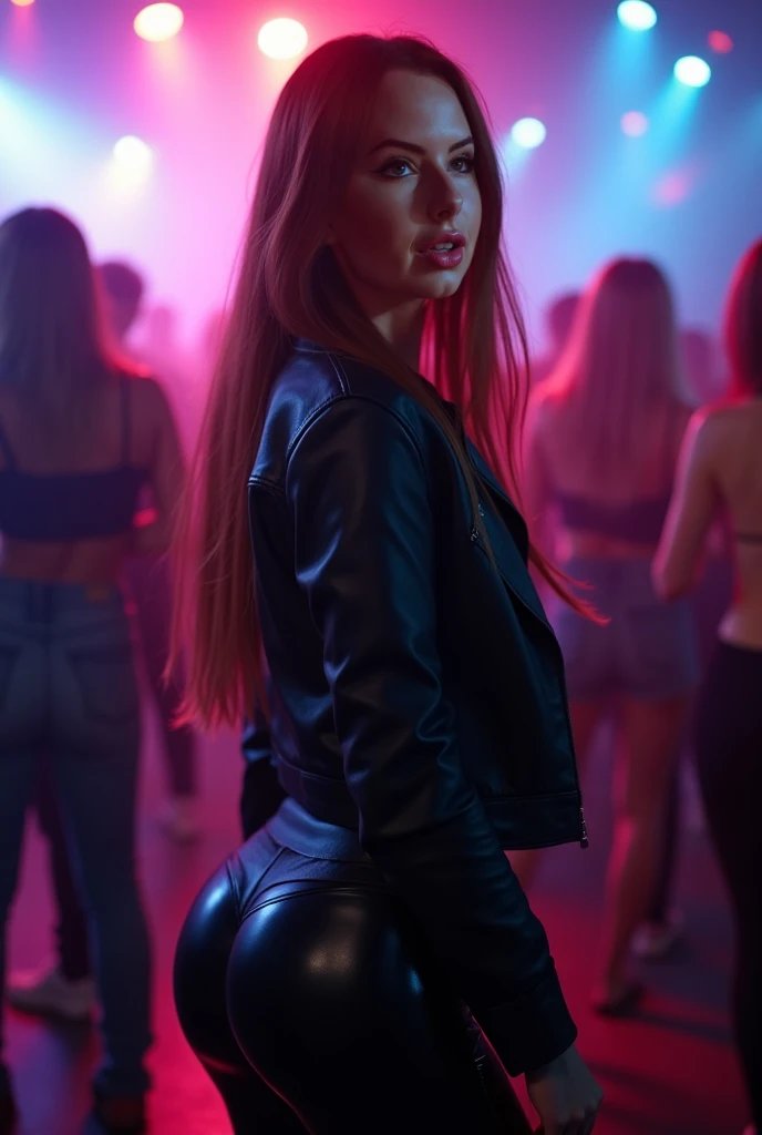 cinematic film still, best quality, masterpiece, photorealistic, ultrarealistic, professional photograph shot, photograph of 1girl, 18yo, body, small round ass, long hair, straight hair, red hair, freckles, blue eyes, smile, black leather jacket, open jack...