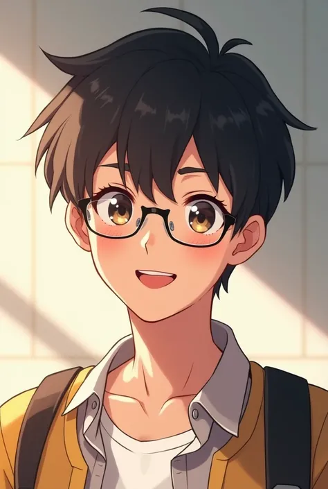 A realistic anime-style student boy, he wears glasses, He is smiling